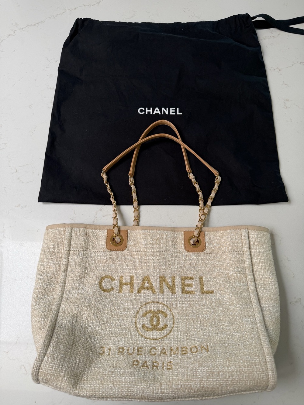 AUTHENTIC Chanel Deauville Chain Shopping Tote with Gold Logo